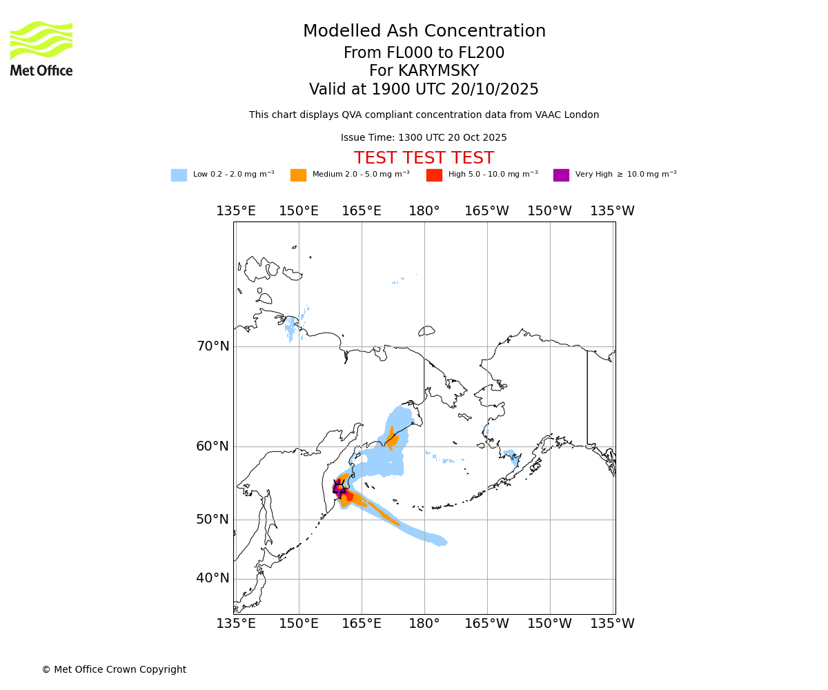 Modelled ash concentration from 000 to 200 for KARYMSKY. Valid at 1900 UTC 20/10/2025
