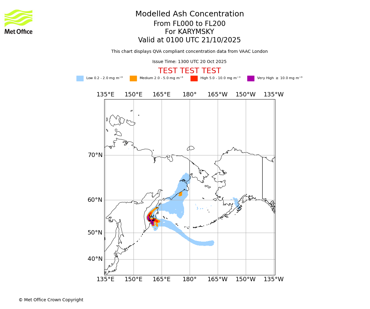 Modelled ash concentration from 000 to 200 for KARYMSKY. Valid at 0100 UTC 21/10/2025