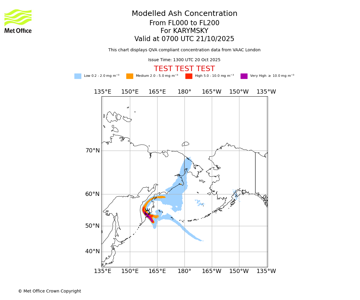 Modelled ash concentration from 000 to 200 for KARYMSKY. Valid at 0700 UTC 21/10/2025