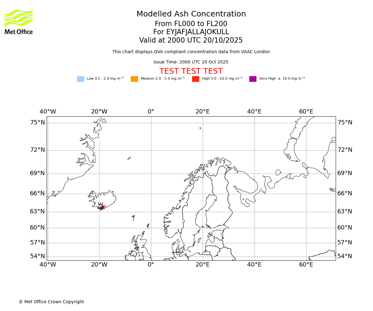 Modelled ash concentration from 000 to 200 for EYJAFJALLAJOKULL. Valid at 2000 UTC 20/10/2025