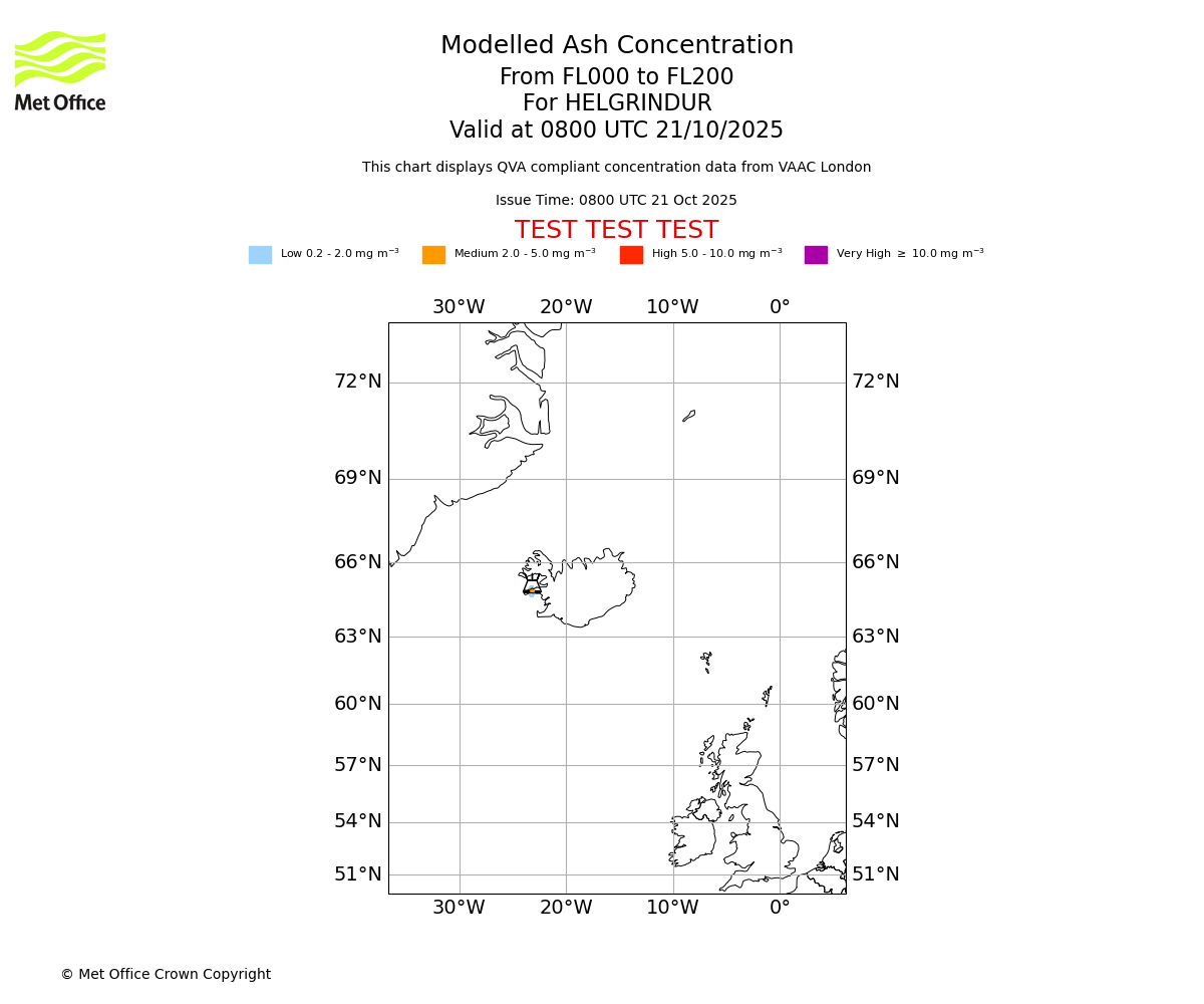 Modelled ash concentration from 000 to 200 for HELGRINDUR. Valid at 0800 UTC 21/10/2025