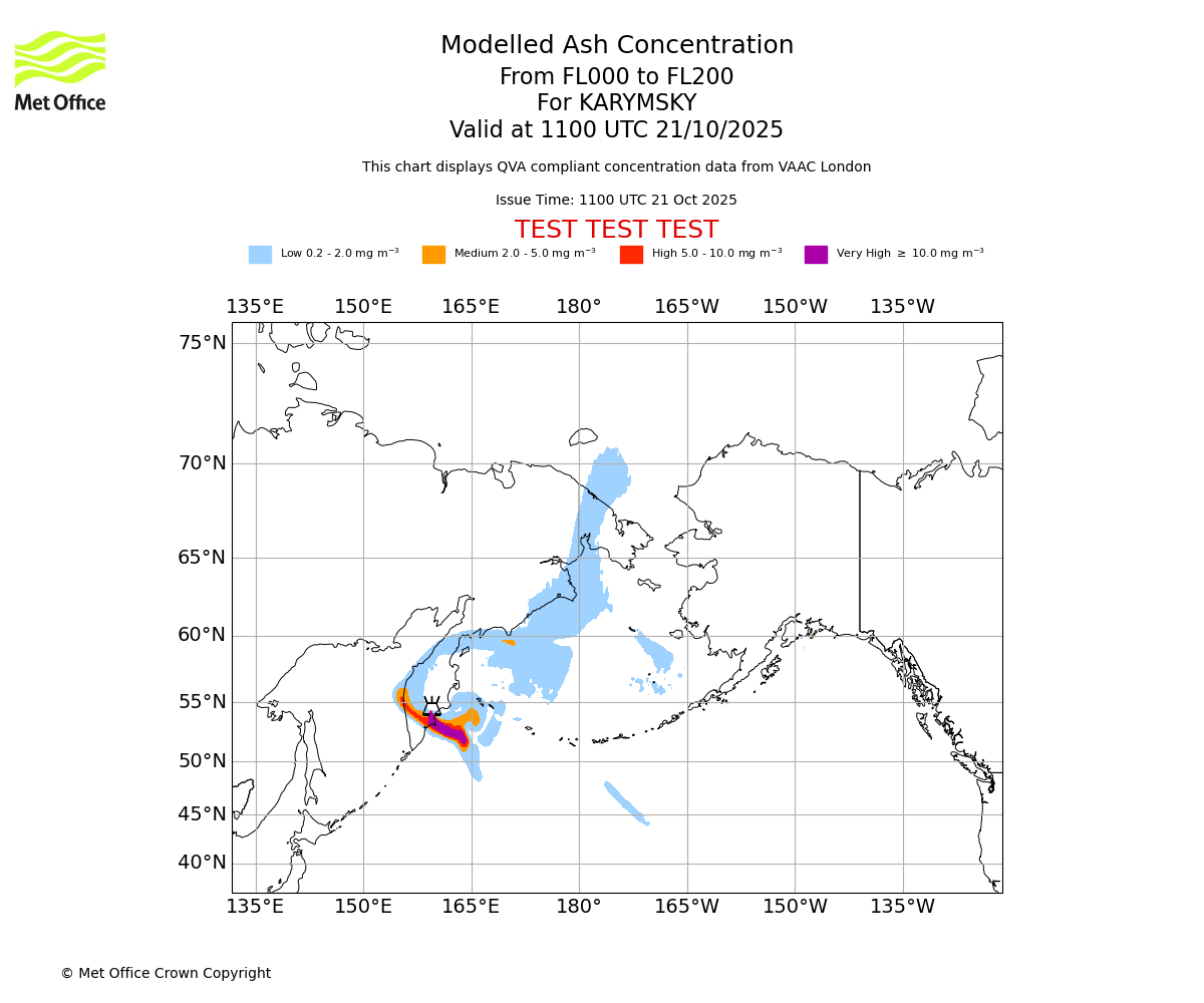 Modelled ash concentration from 000 to 200 for KARYMSKY. Valid at 1100 UTC 21/10/2025