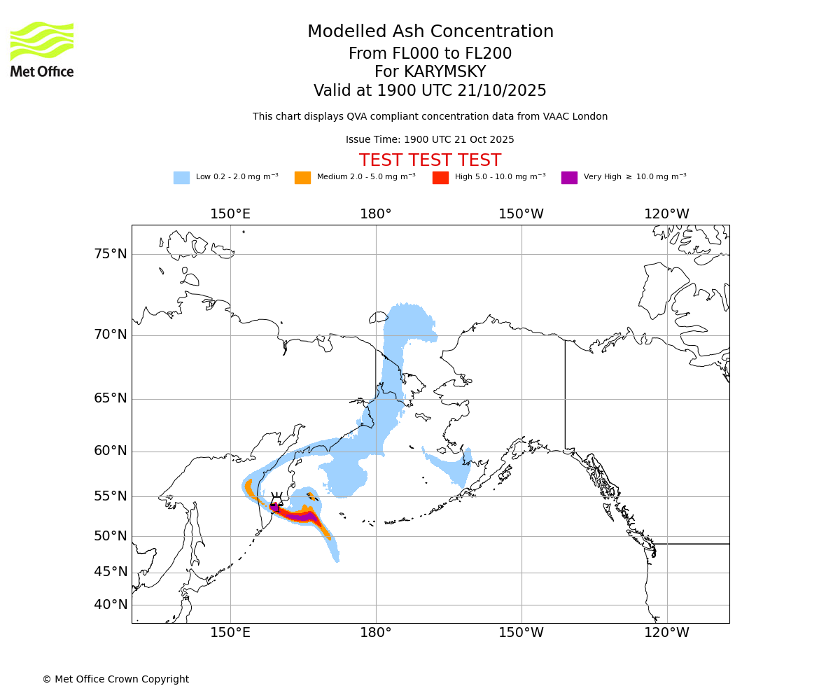 Modelled ash concentration from 000 to 200 for KARYMSKY. Valid at 1900 UTC 21/10/2025