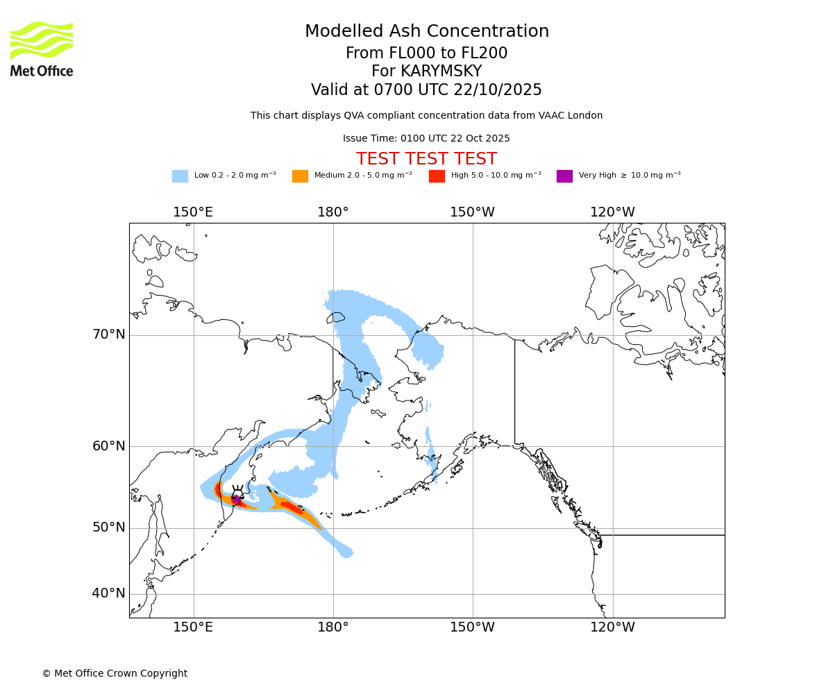 Modelled ash concentration from 000 to 200 for KARYMSKY. Valid at 0700 UTC 22/10/2025