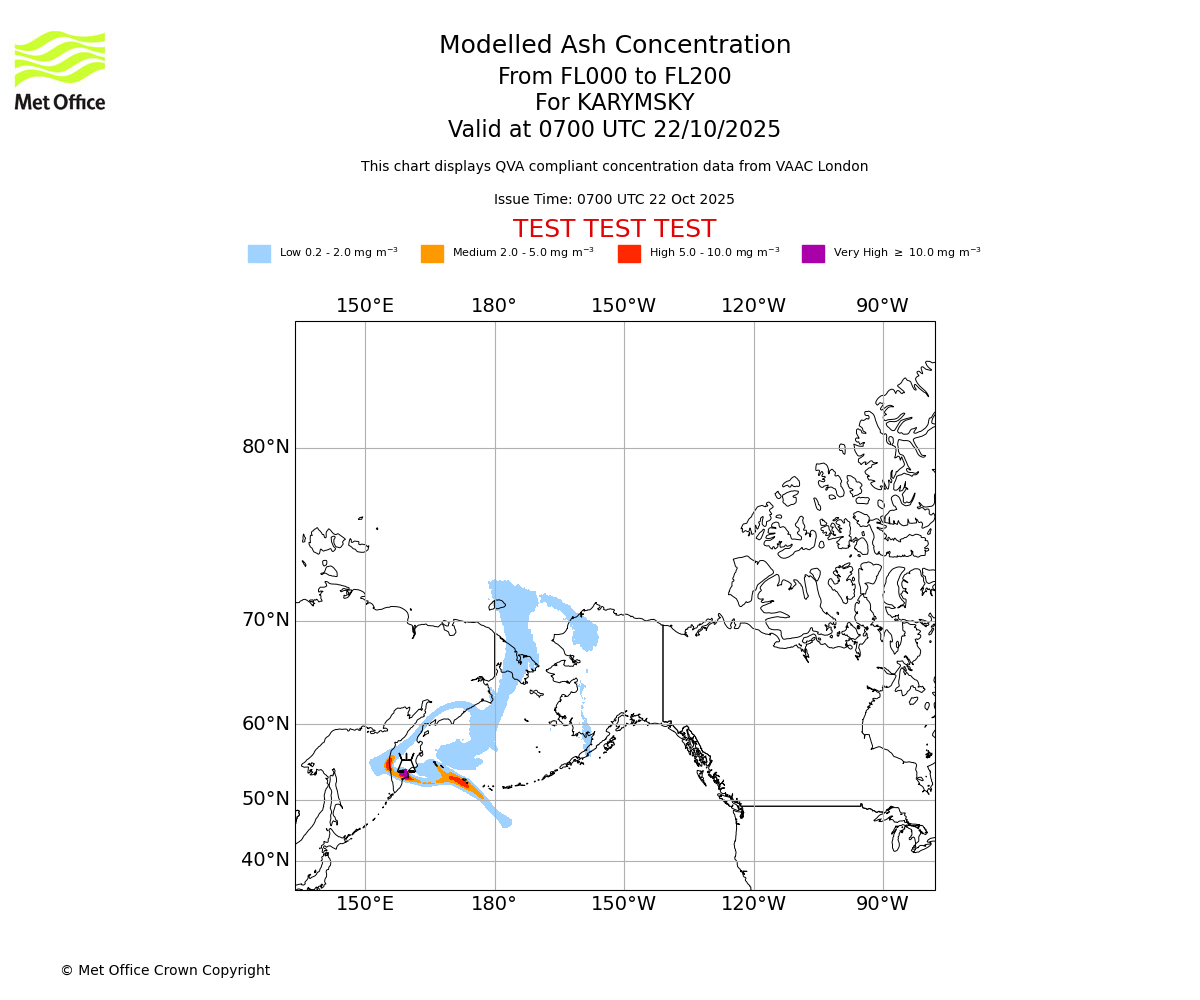 Modelled ash concentration from 000 to 200 for KARYMSKY. Valid at 0700 UTC 22/10/2025