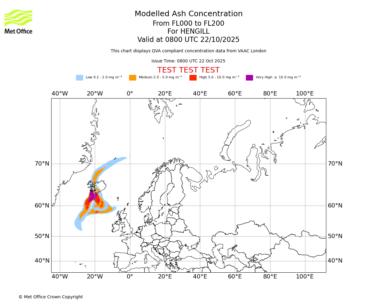Modelled ash concentration from 000 to 200 for HENGILL. Valid at 0800 UTC 22/10/2025
