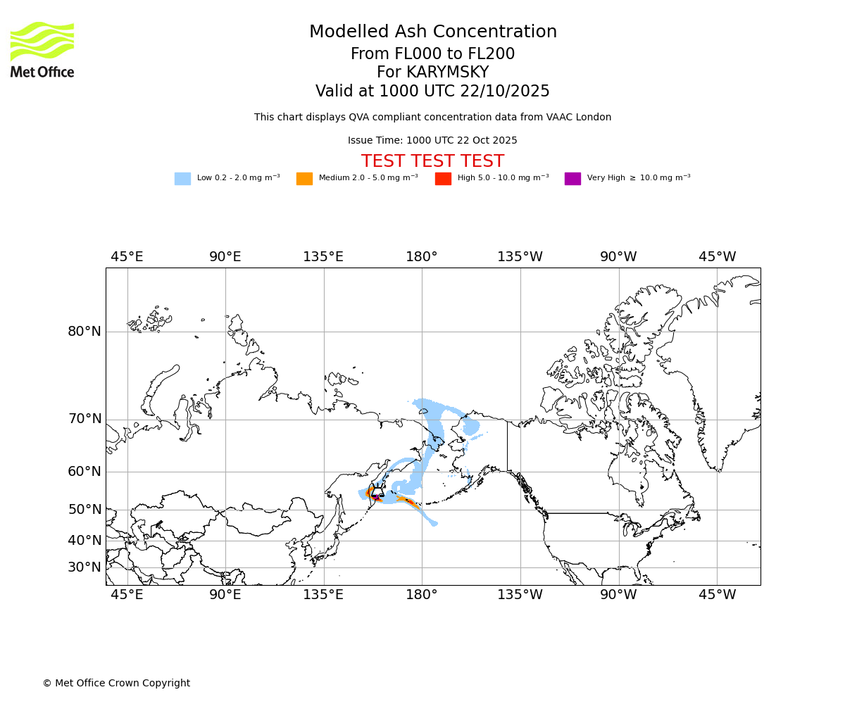 Modelled ash concentration from 000 to 200 for KARYMSKY. Valid at 1000 UTC 22/10/2025