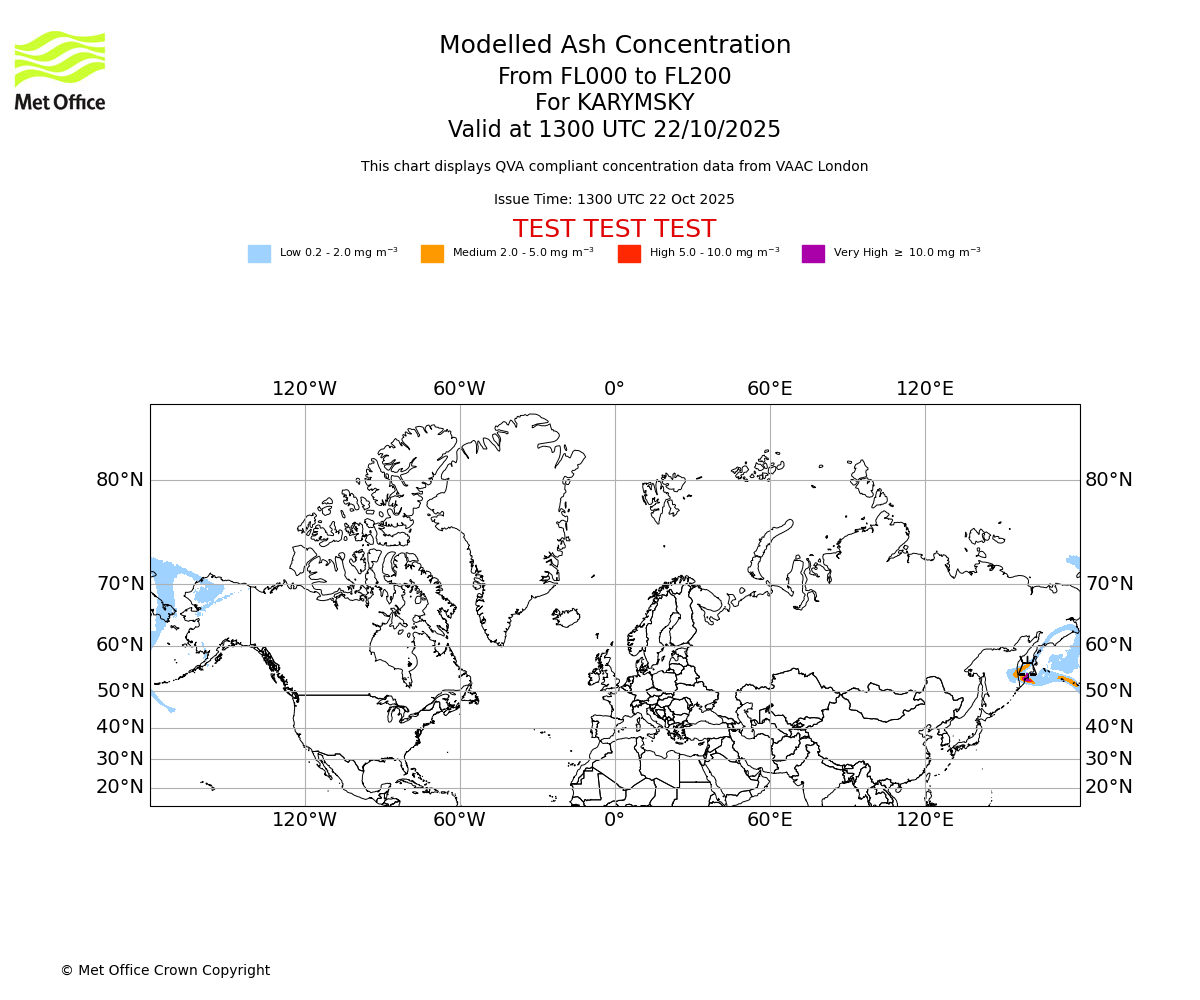 Modelled ash concentration from 000 to 200 for KARYMSKY. Valid at 1300 UTC 22/10/2025