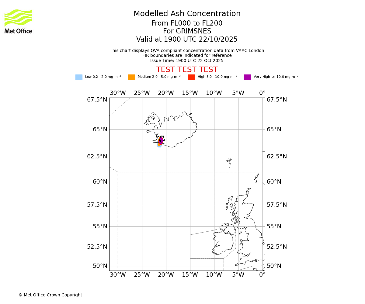 Modelled ash concentration from 000 to 200 for GRIMSNES. Valid at 1900 UTC 22/10/2025