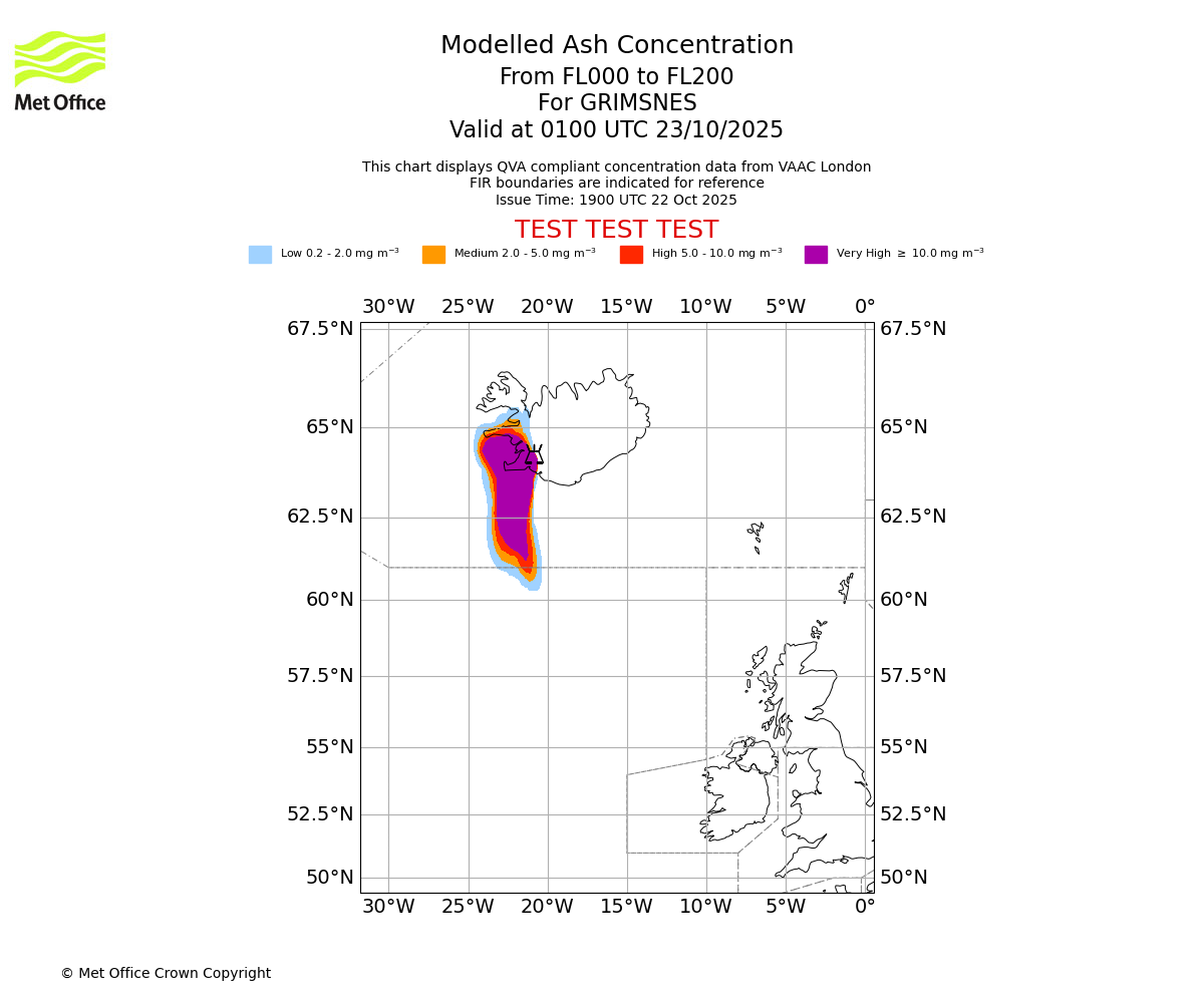 Modelled ash concentration from 000 to 200 for GRIMSNES. Valid at 0100 UTC 23/10/2025