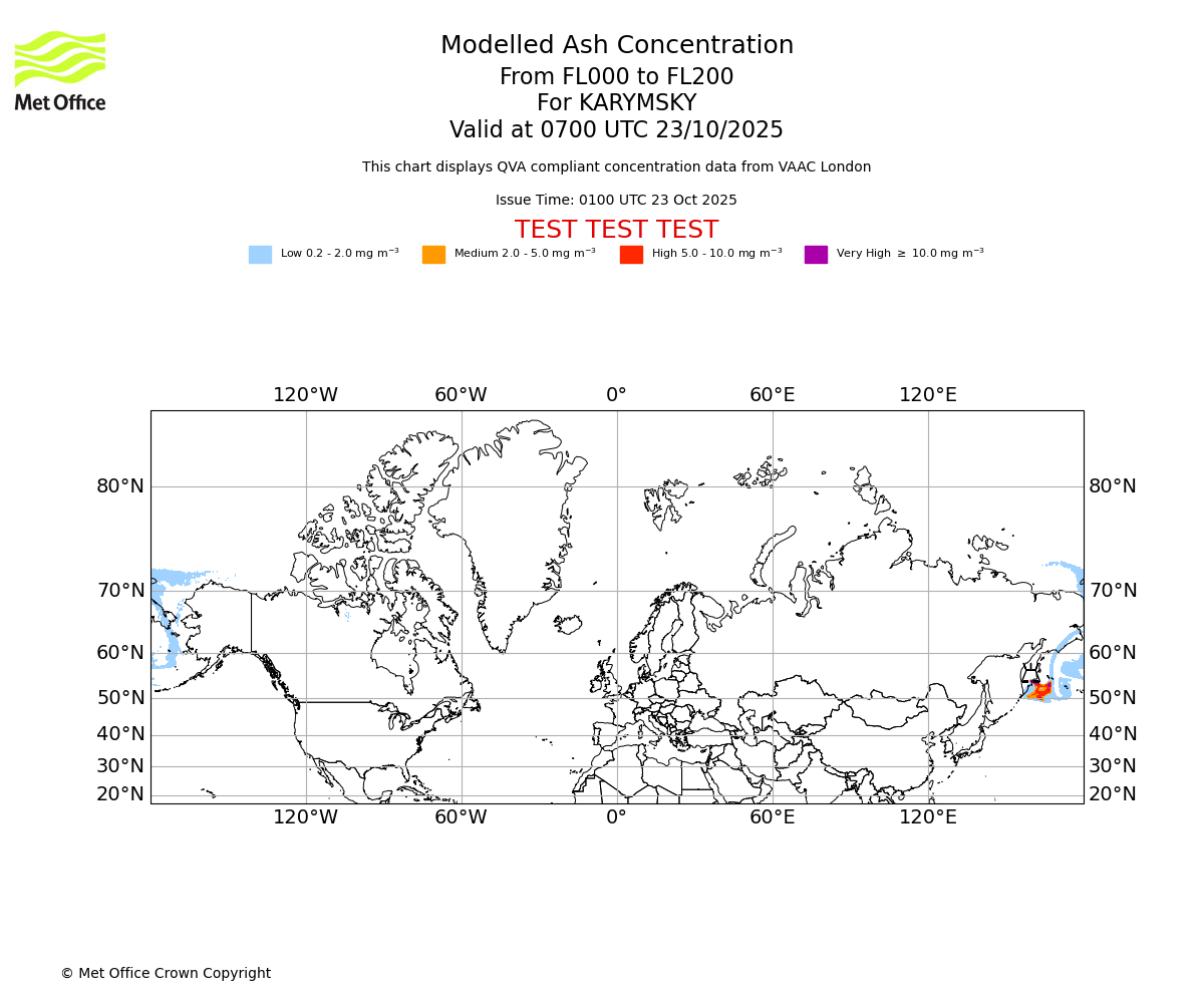 Modelled ash concentration from 000 to 200 for KARYMSKY. Valid at 0700 UTC 23/10/2025