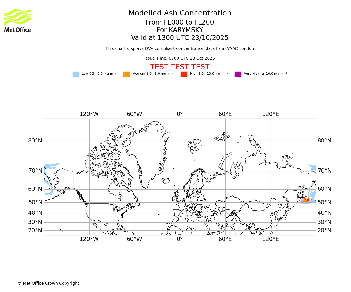 Modelled ash concentration from 000 to 200 for KARYMSKY. Valid at 1300 UTC 23/10/2025