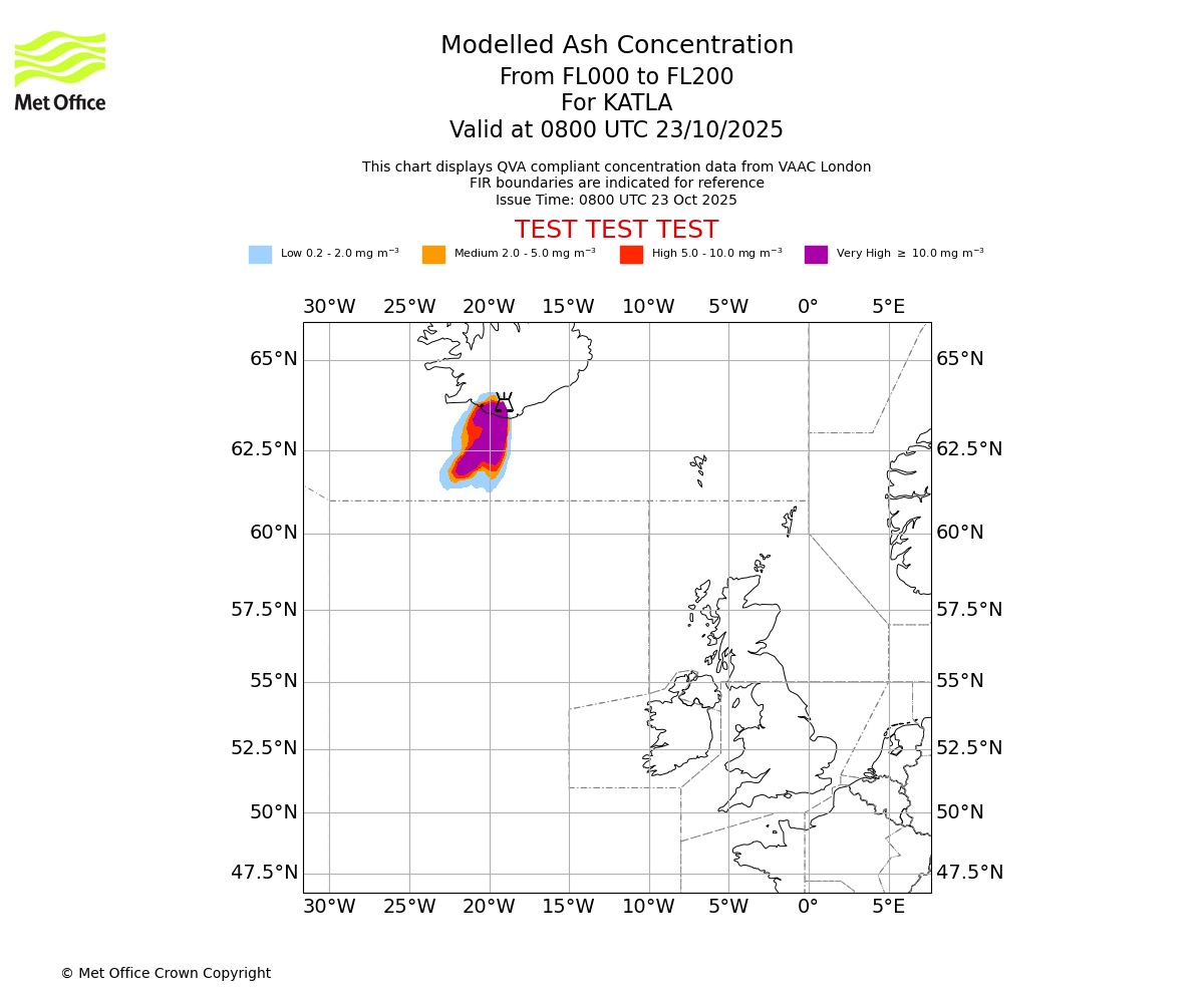 Modelled ash concentration from 000 to 200 for KATLA. Valid at 0800 UTC 23/10/2025