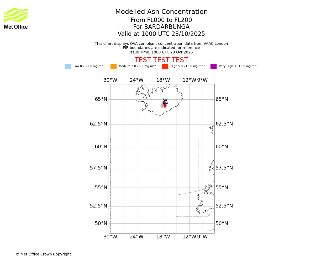 Modelled ash concentration from 000 to 200 for BARDARBUNGA. Valid at 1000 UTC 23/10/2025