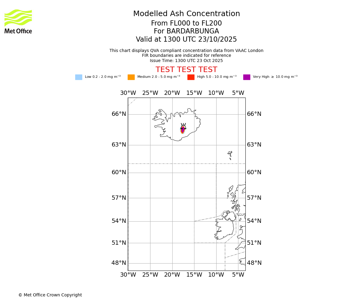 Modelled ash concentration from 000 to 200 for BARDARBUNGA. Valid at 1300 UTC 23/10/2025