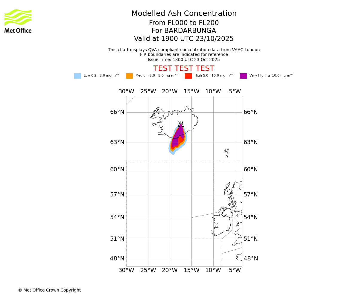 Modelled ash concentration from 000 to 200 for BARDARBUNGA. Valid at 1900 UTC 23/10/2025