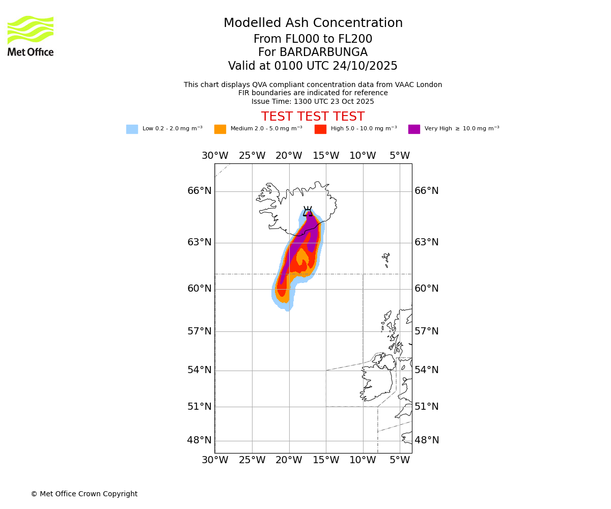 Modelled ash concentration from 000 to 200 for BARDARBUNGA. Valid at 0100 UTC 24/10/2025