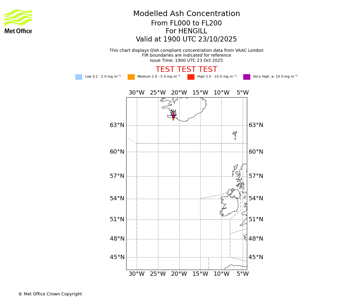 Modelled ash concentration from 000 to 200 for HENGILL. Valid at 1900 UTC 23/10/2025