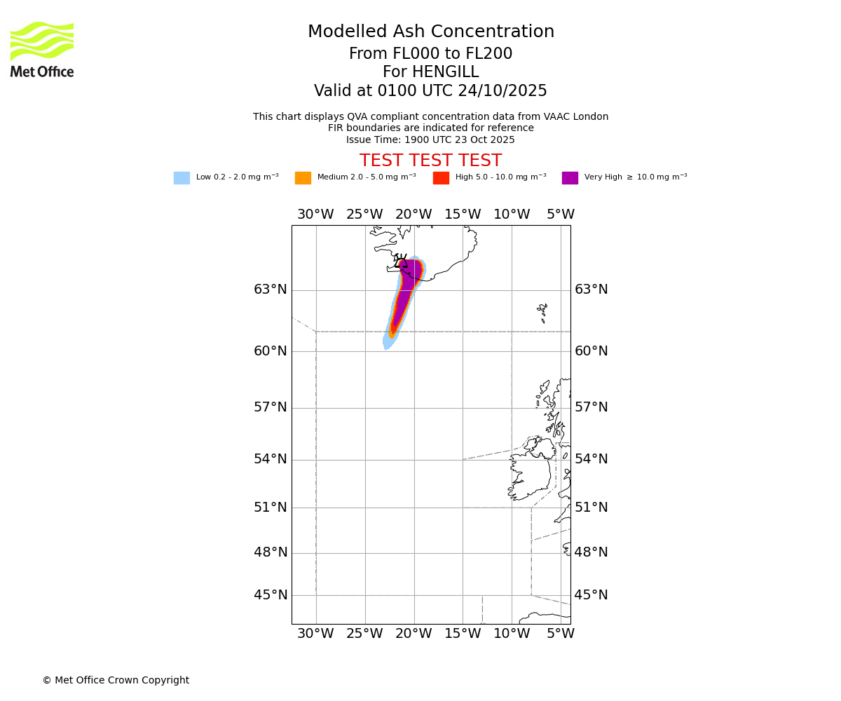 Modelled ash concentration from 000 to 200 for HENGILL. Valid at 0100 UTC 24/10/2025