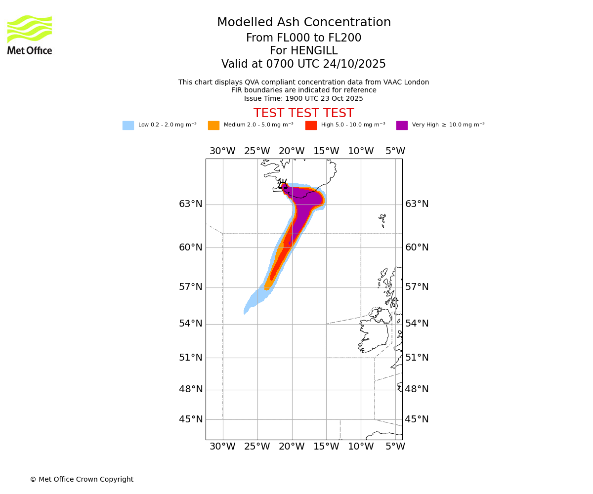 Modelled ash concentration from 000 to 200 for HENGILL. Valid at 0700 UTC 24/10/2025