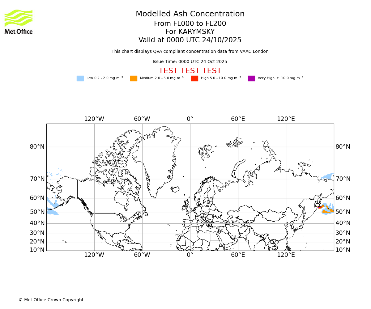 Modelled ash concentration from 000 to 200 for KARYMSKY. Valid at 0000 UTC 24/10/2025