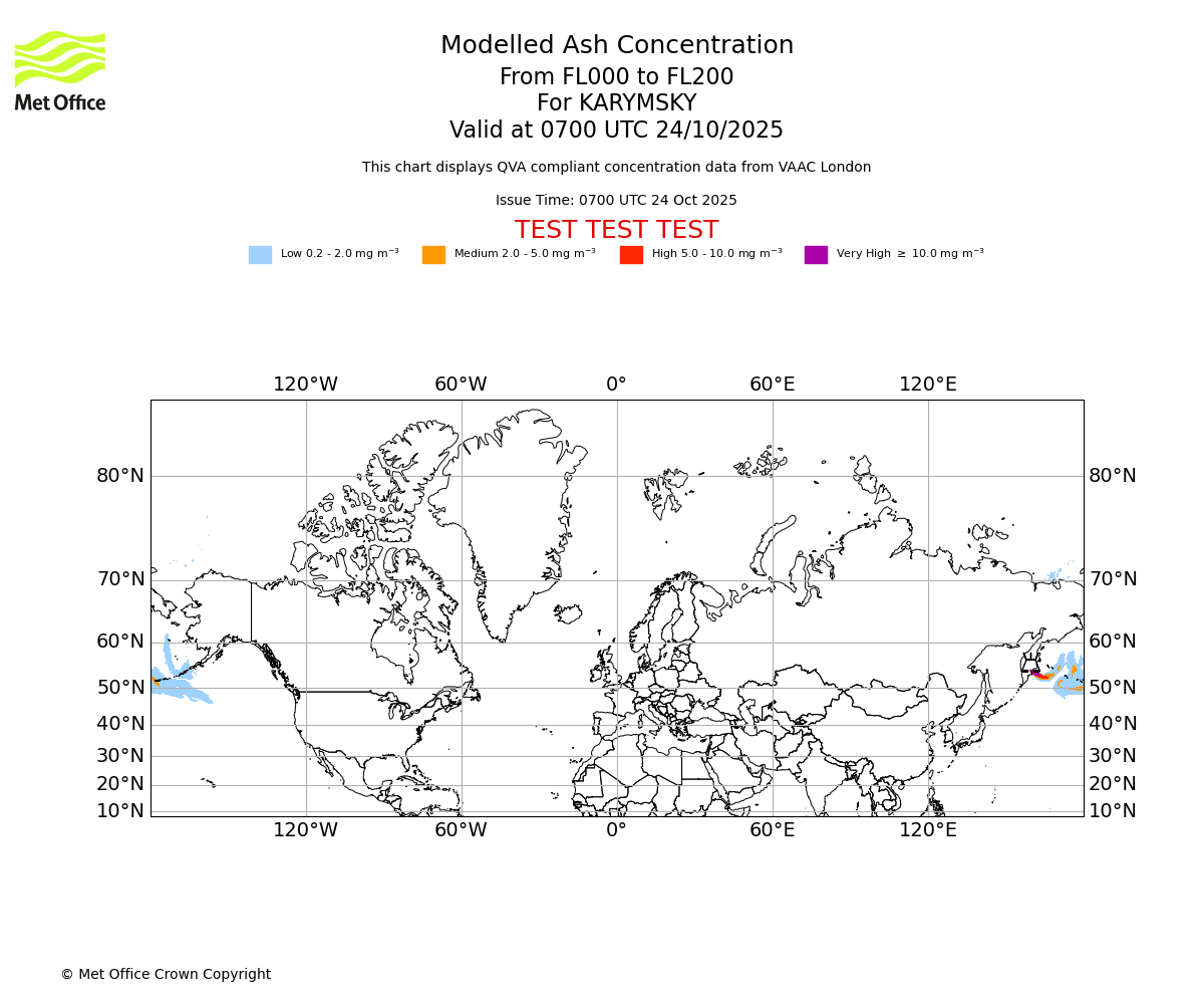 Modelled ash concentration from 000 to 200 for KARYMSKY. Valid at 0700 UTC 24/10/2025