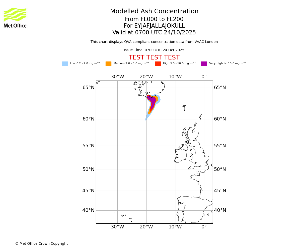 Modelled ash concentration from 000 to 200 for EYJAFJALLAJOKULL. Valid at 0700 UTC 24/10/2025