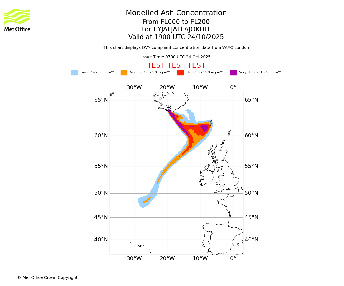 Modelled ash concentration from 000 to 200 for EYJAFJALLAJOKULL. Valid at 1900 UTC 24/10/2025