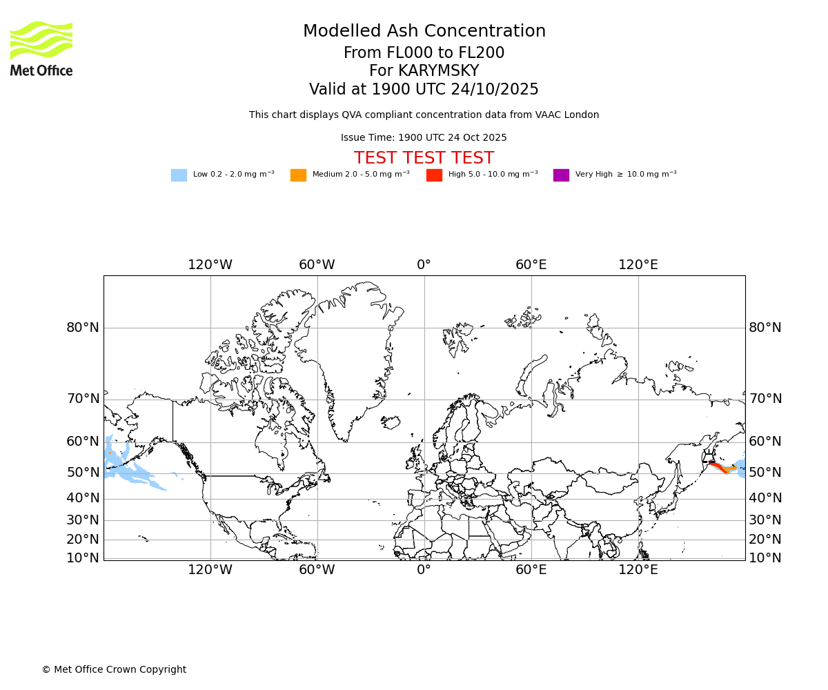 Modelled ash concentration from 000 to 200 for KARYMSKY. Valid at 1900 UTC 24/10/2025