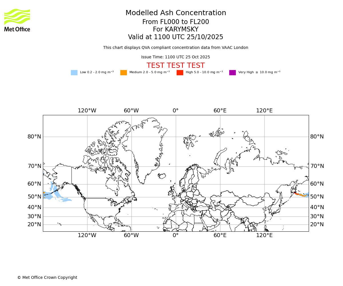 Modelled ash concentration from 000 to 200 for KARYMSKY. Valid at 1100 UTC 25/10/2025
