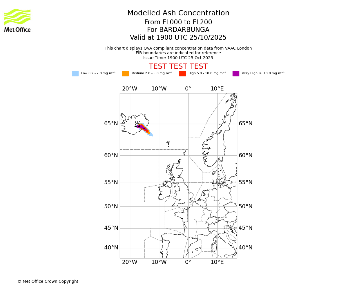 Modelled ash concentration from 000 to 200 for BARDARBUNGA. Valid at 1900 UTC 25/10/2025