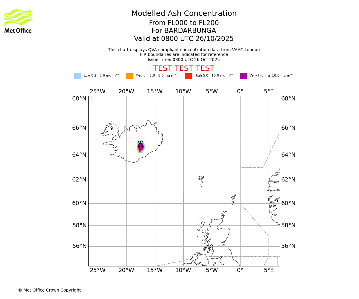 Modelled ash concentration from 000 to 200 for BARDARBUNGA. Valid at 0800 UTC 26/10/2025