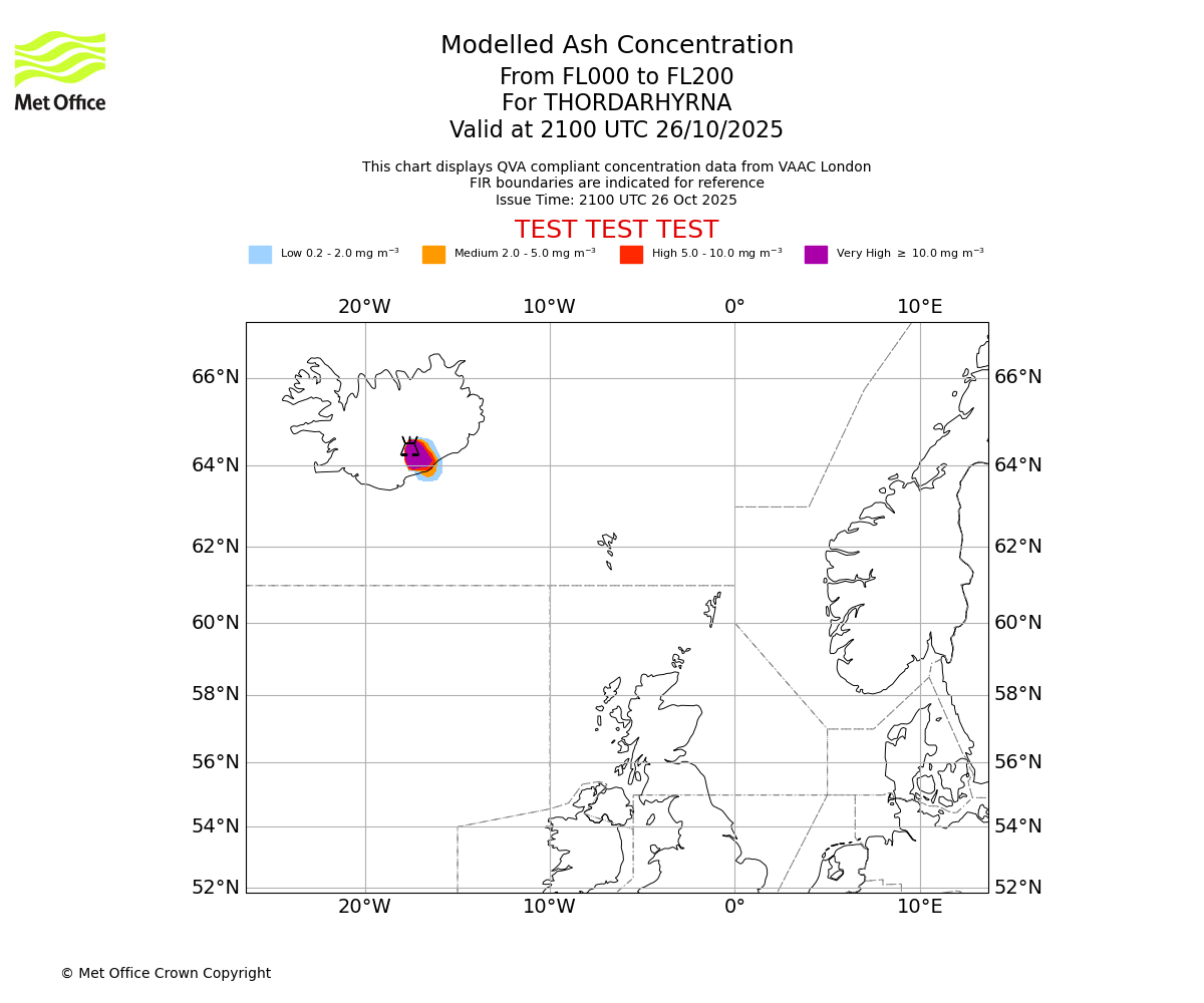 Modelled ash concentration from 000 to 200 for THORDARHYRNA. Valid at 2100 UTC 26/10/2025