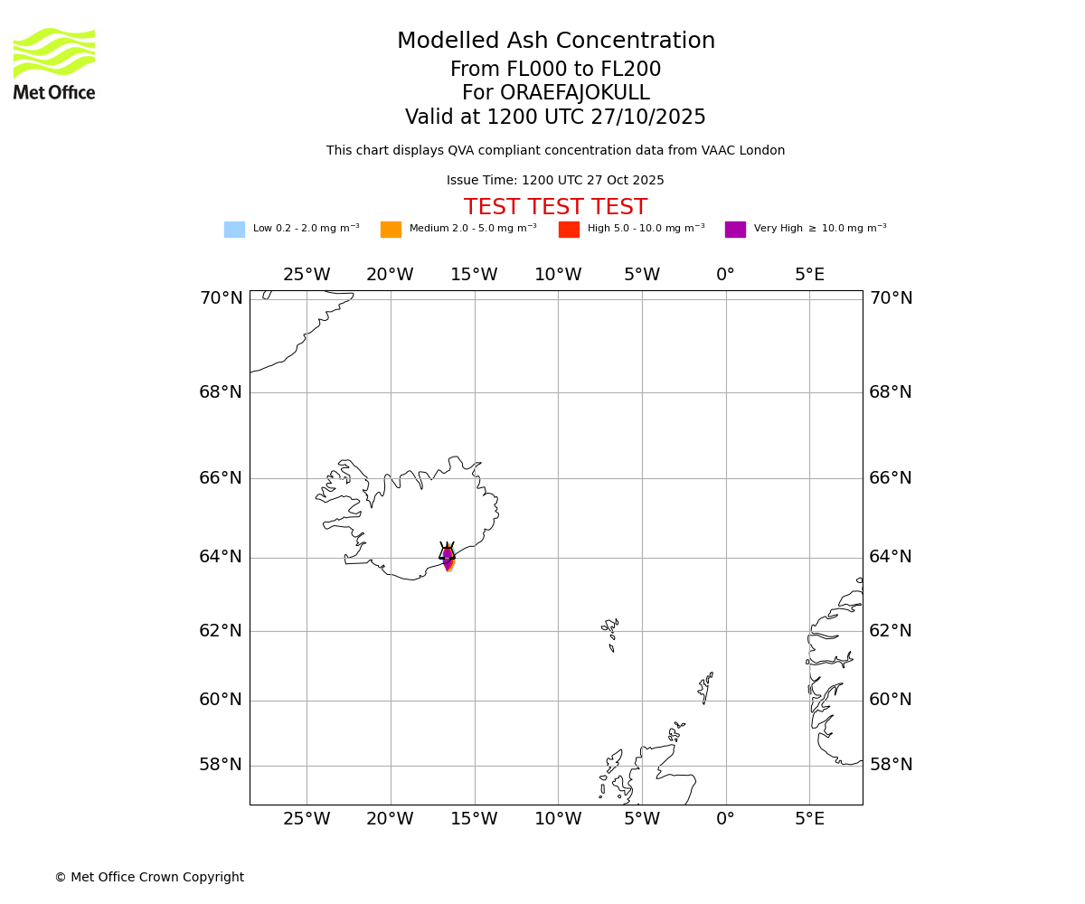 Modelled ash concentration from 000 to 200 for ORAEFAJOKULL. Valid at 1200 UTC 27/10/2025