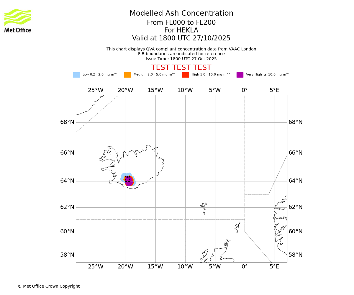 Modelled ash concentration from 000 to 200 for HEKLA. Valid at 1800 UTC 27/10/2025