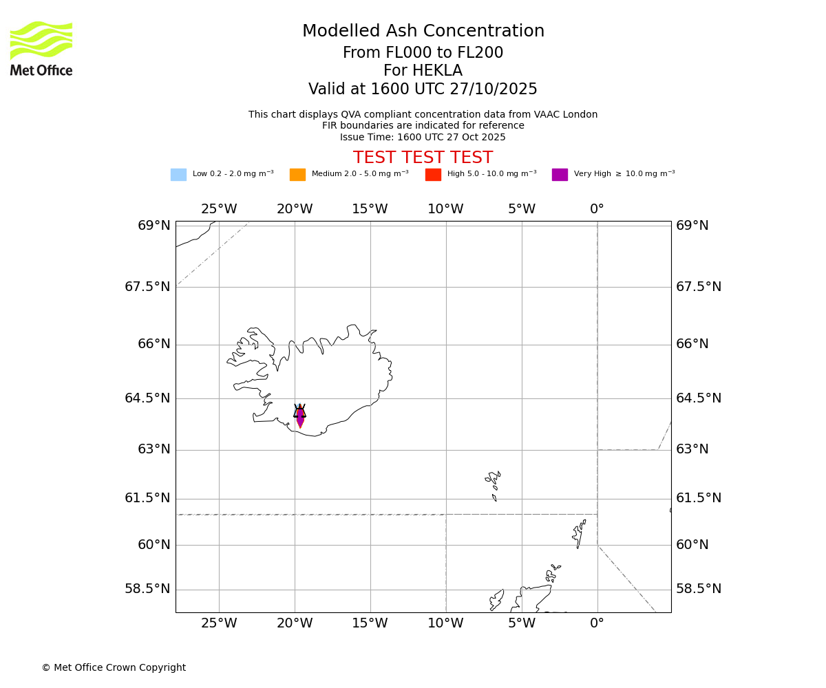 Modelled ash concentration from 000 to 200 for HEKLA. Valid at 1600 UTC 27/10/2025
