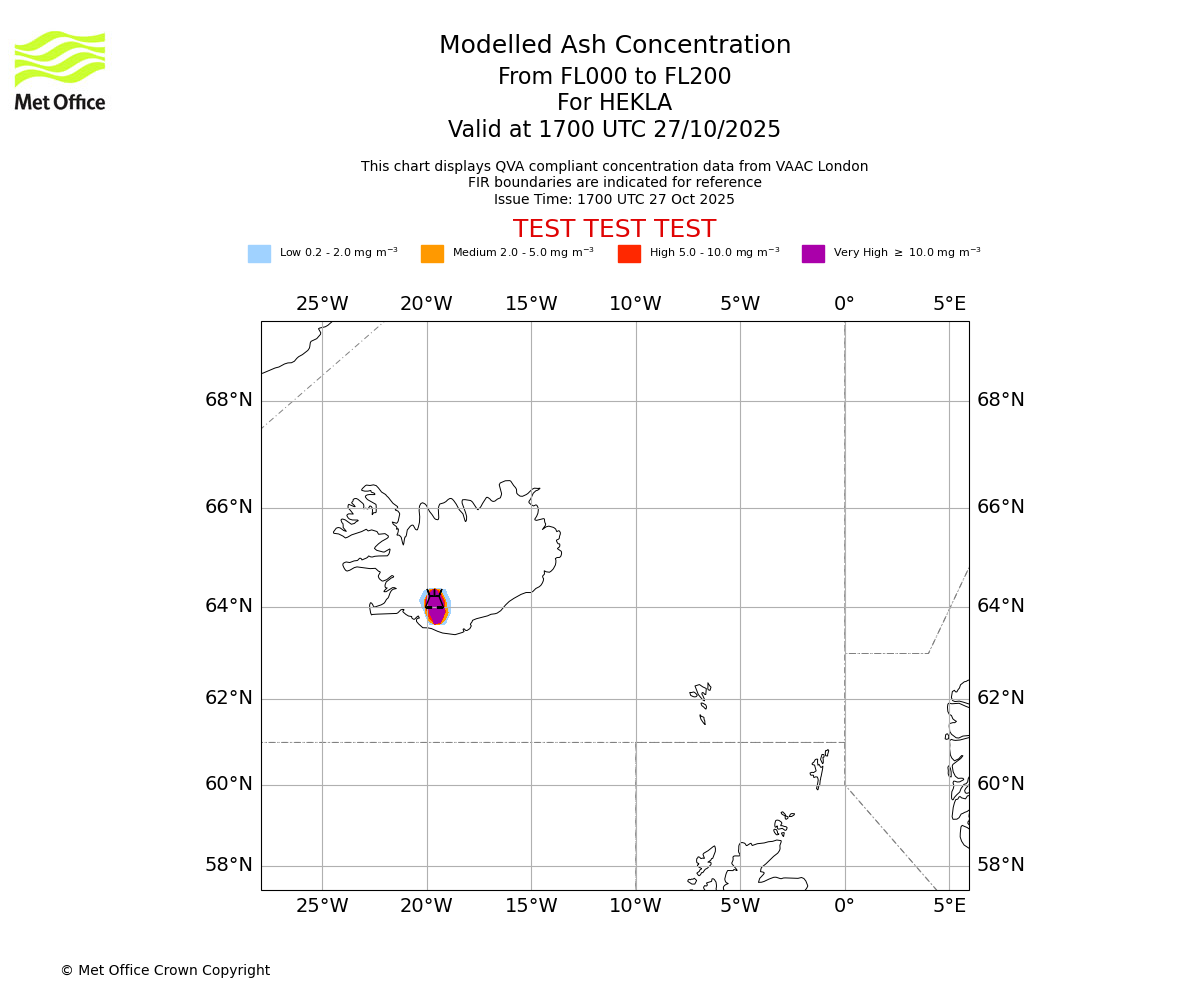 Modelled ash concentration from 000 to 200 for HEKLA. Valid at 1700 UTC 27/10/2025