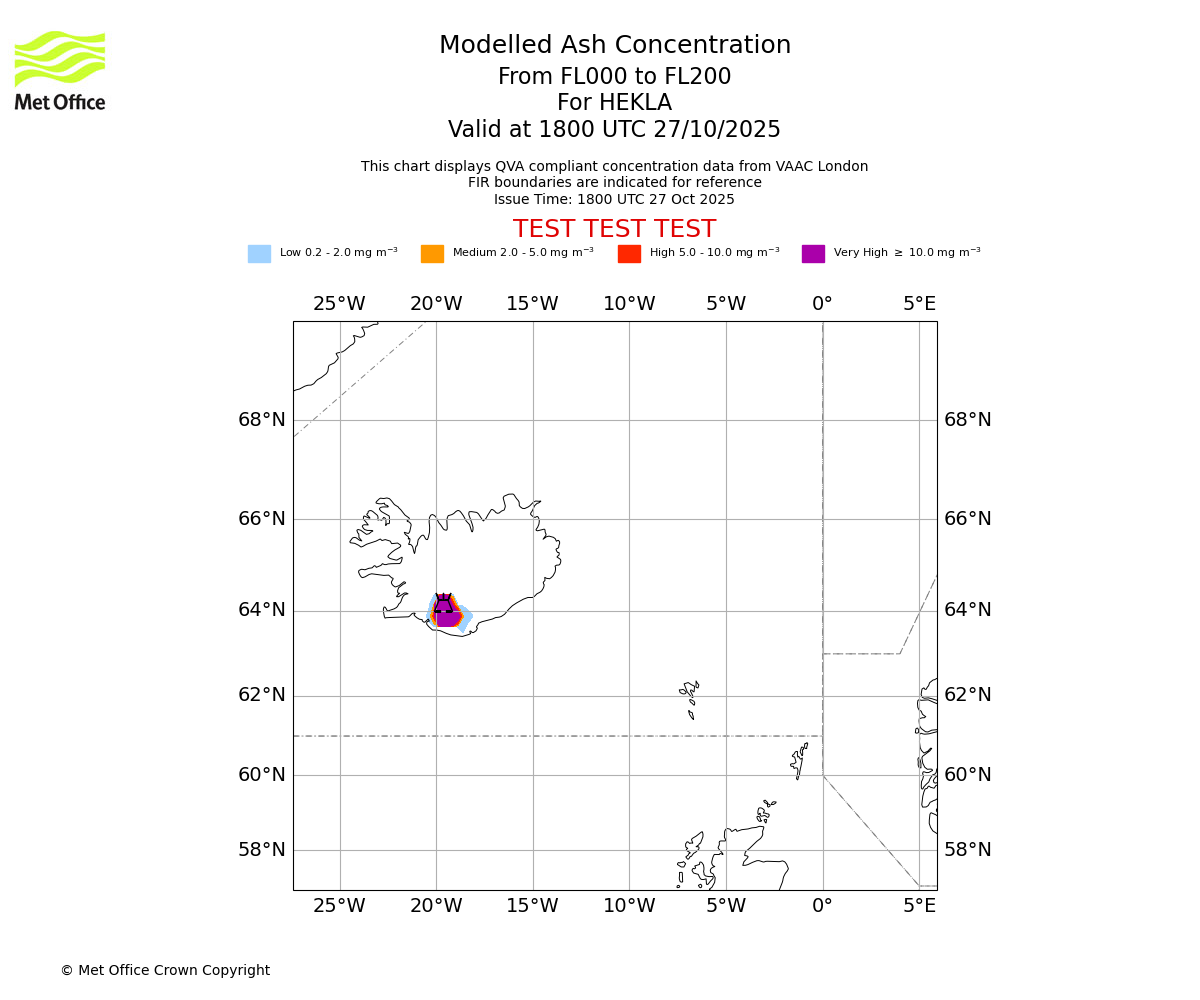 Modelled ash concentration from 000 to 200 for HEKLA. Valid at 1800 UTC 27/10/2025
