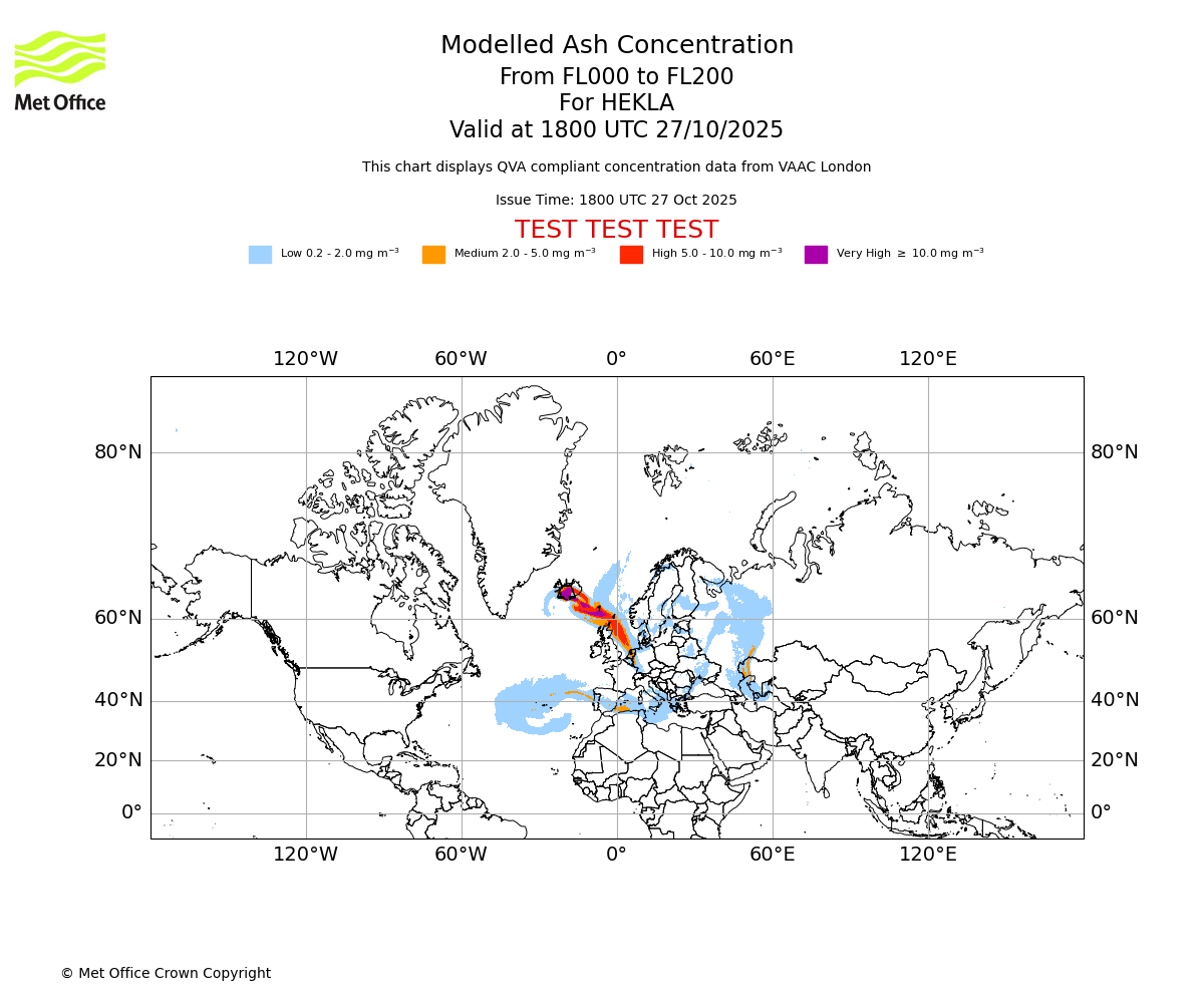Modelled ash concentration from 000 to 200 for HEKLA. Valid at 1800 UTC 27/10/2025