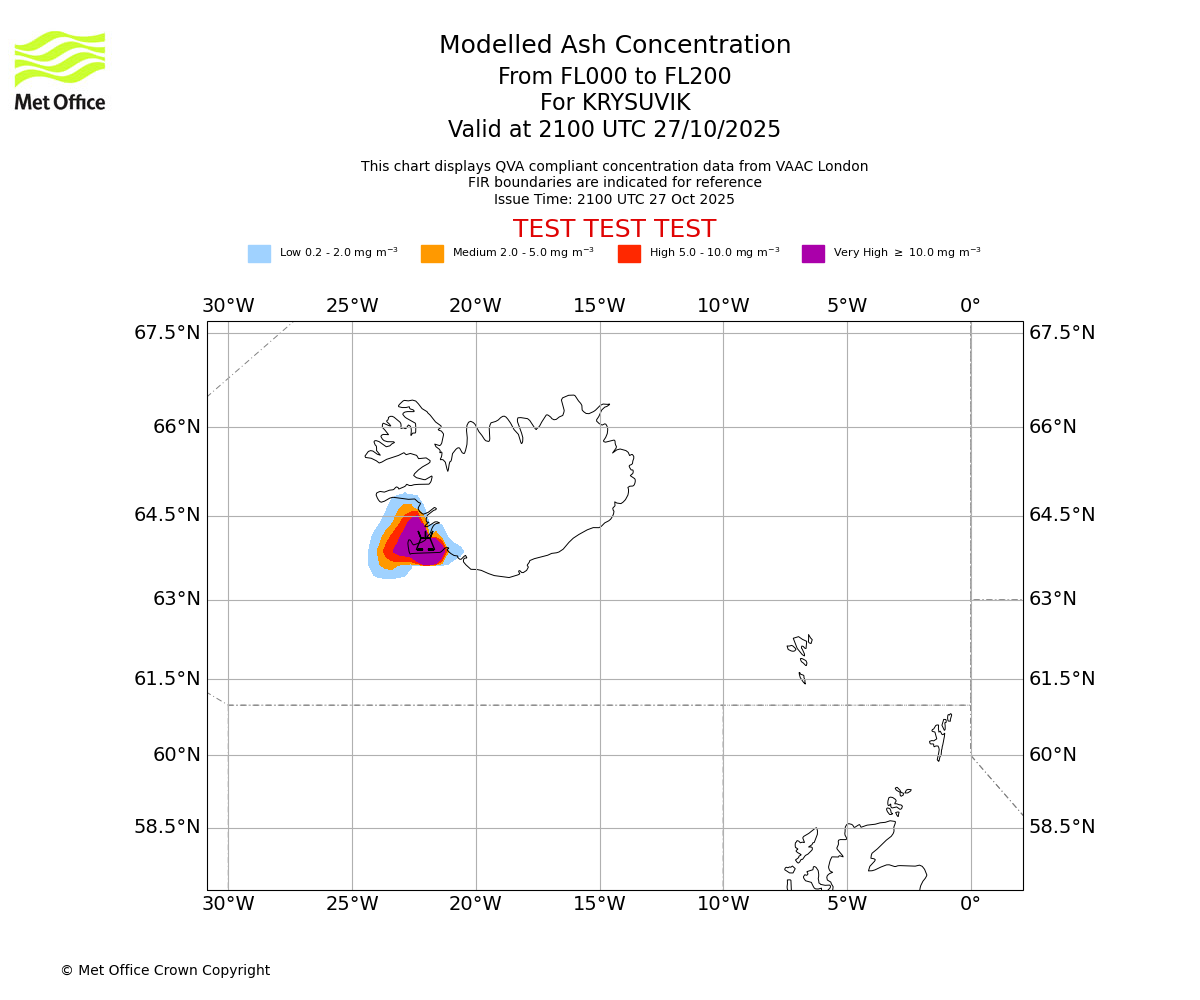 Modelled ash concentration from 000 to 200 for KRYSUVIK. Valid at 2100 UTC 27/10/2025