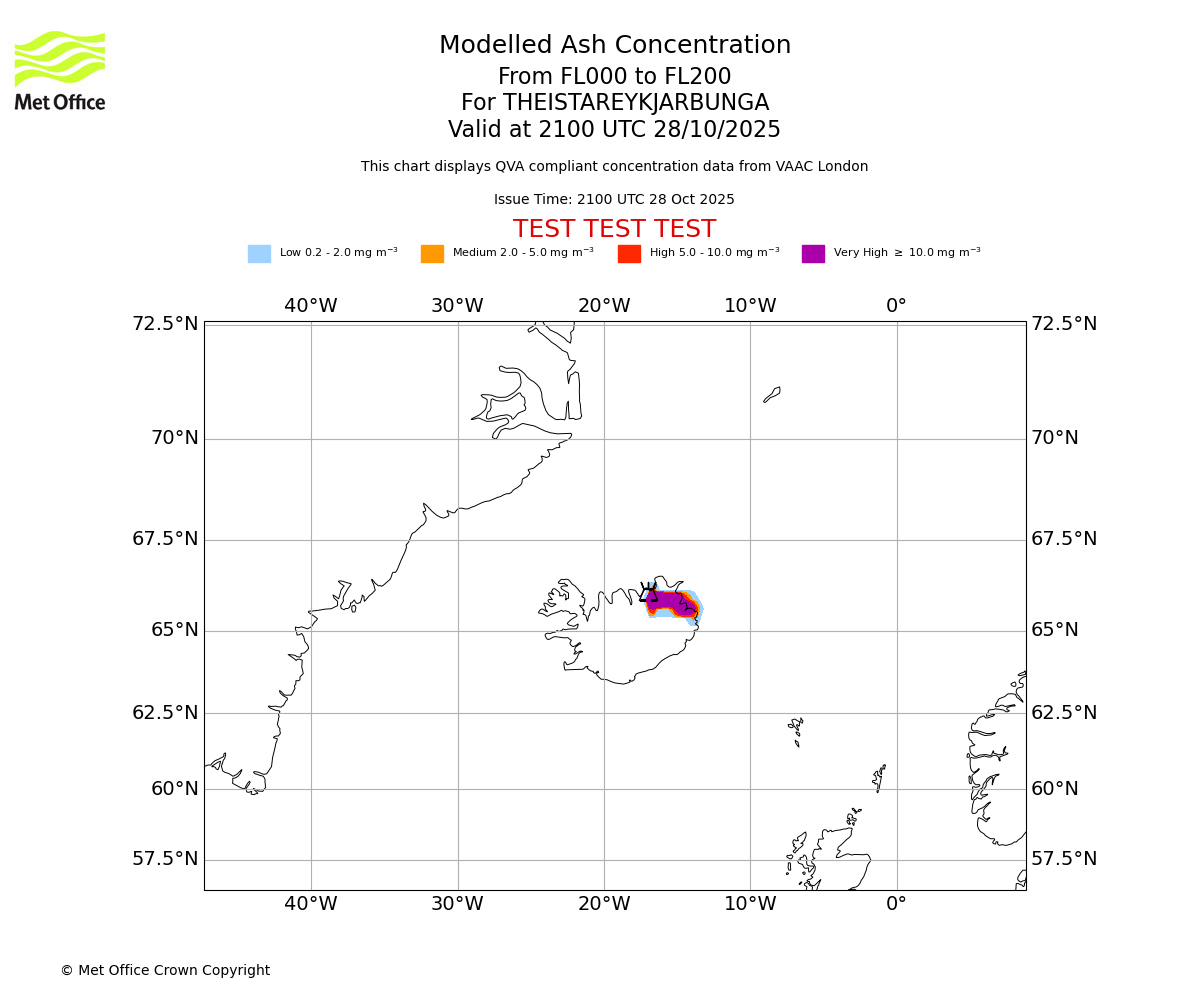 Modelled ash concentration from 000 to 200 for THEISTAREYKJARBUNGA. Valid at 2100 UTC 28/10/2025
