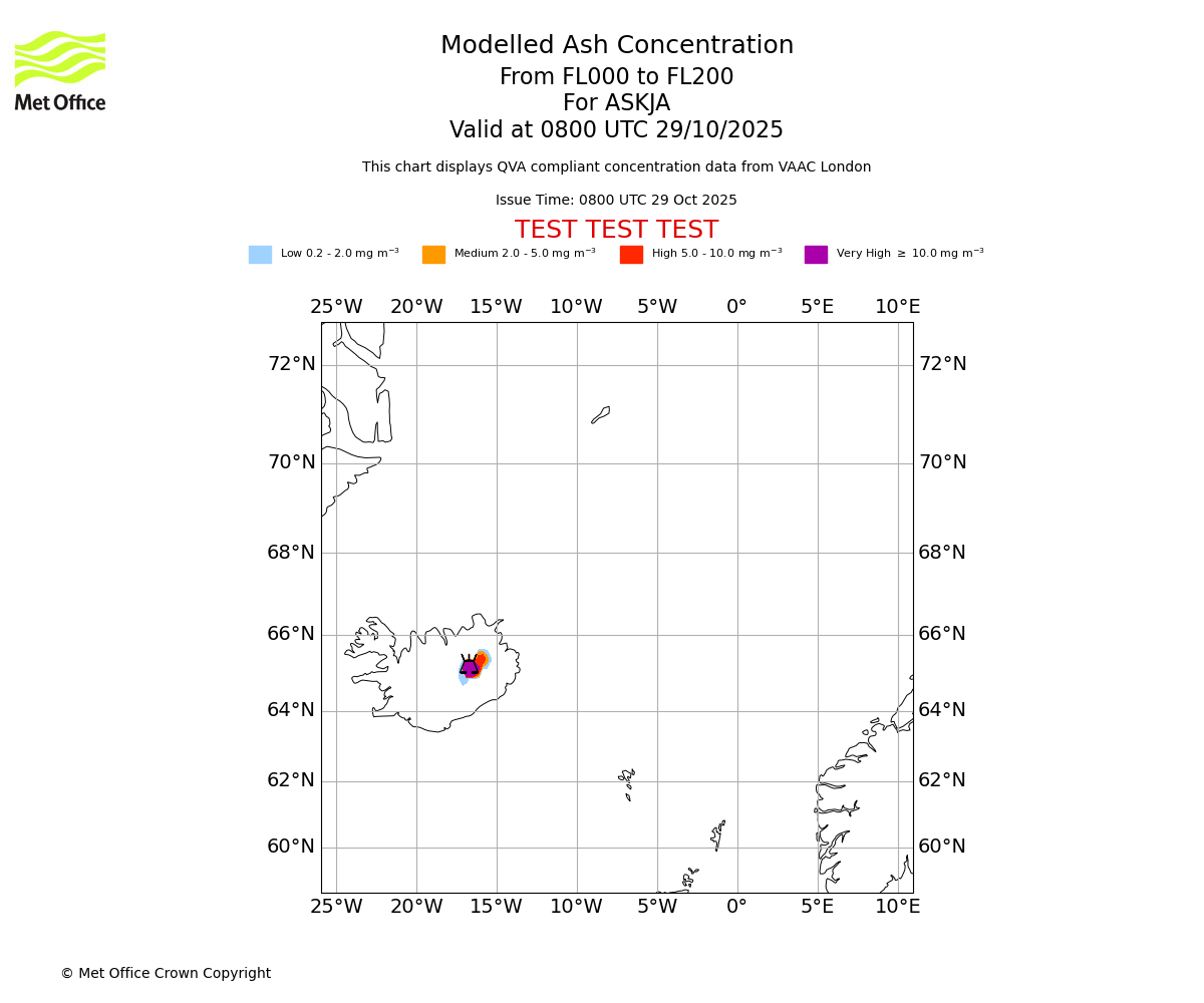 Modelled ash concentration from 000 to 200 for ASKJA. Valid at 0800 UTC 29/10/2025