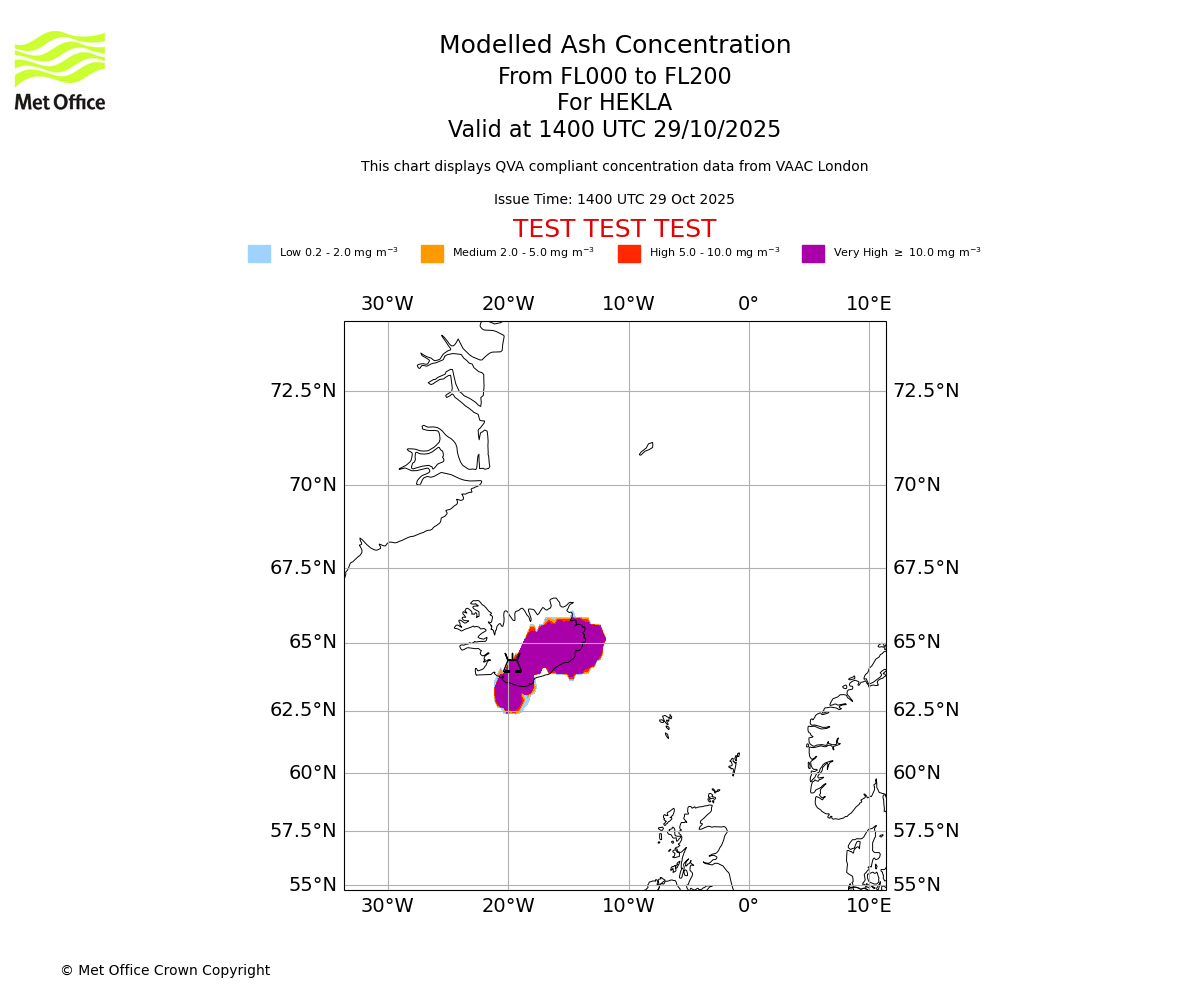 Modelled ash concentration from 000 to 200 for HEKLA. Valid at 1400 UTC 29/10/2025