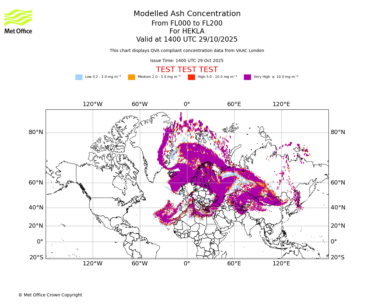 Modelled ash concentration from 000 to 200 for HEKLA. Valid at 1400 UTC 29/10/2025