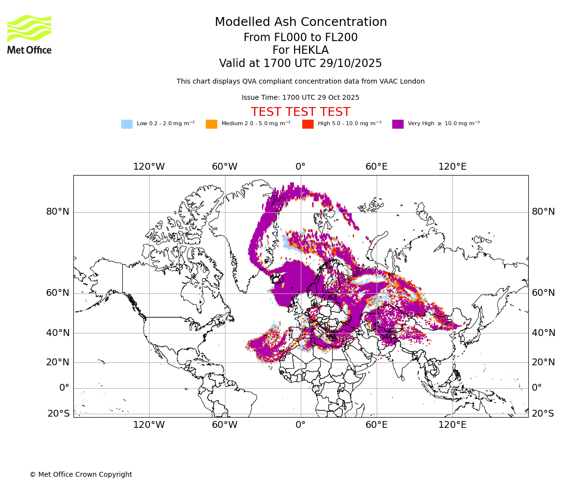 Modelled ash concentration from 000 to 200 for HEKLA. Valid at 1700 UTC 29/10/2025