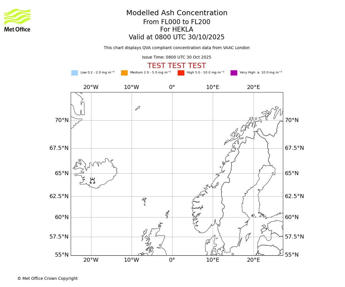 Modelled ash concentration from 000 to 200 for HEKLA. Valid at 0800 UTC 30/10/2025