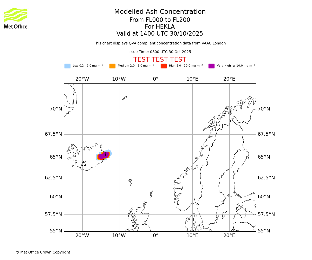 Modelled ash concentration from 000 to 200 for HEKLA. Valid at 1400 UTC 30/10/2025