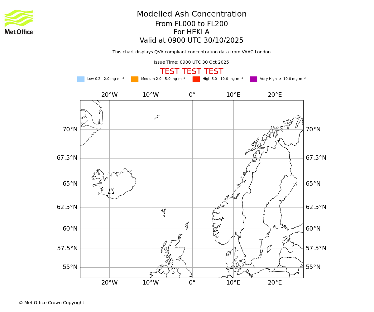 Modelled ash concentration from 000 to 200 for HEKLA. Valid at 0900 UTC 30/10/2025