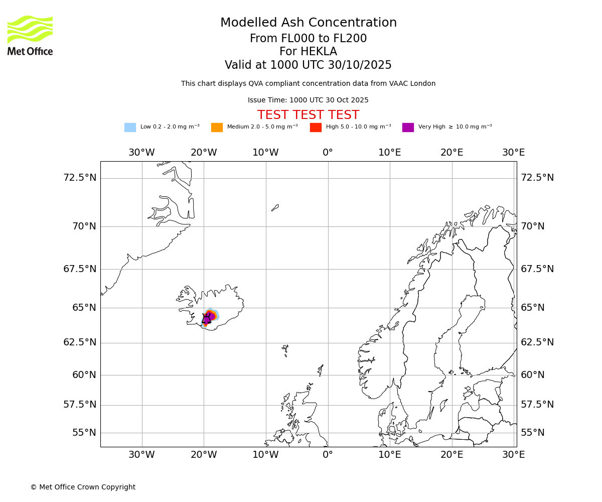 Modelled ash concentration from 000 to 200 for HEKLA. Valid at 1000 UTC 30/10/2025