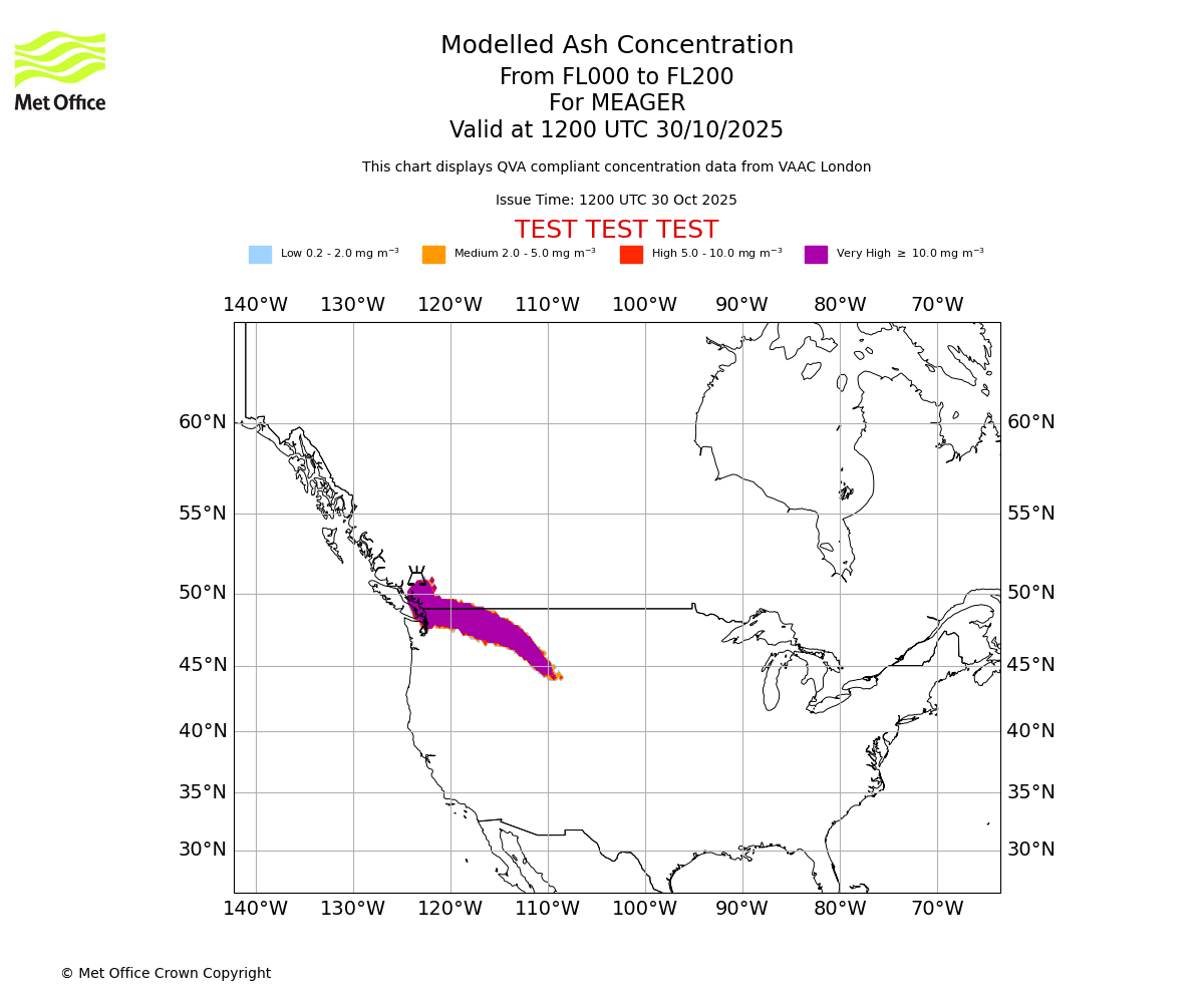 Modelled ash concentration from 000 to 200 for MEAGER. Valid at 1200 UTC 30/10/2025